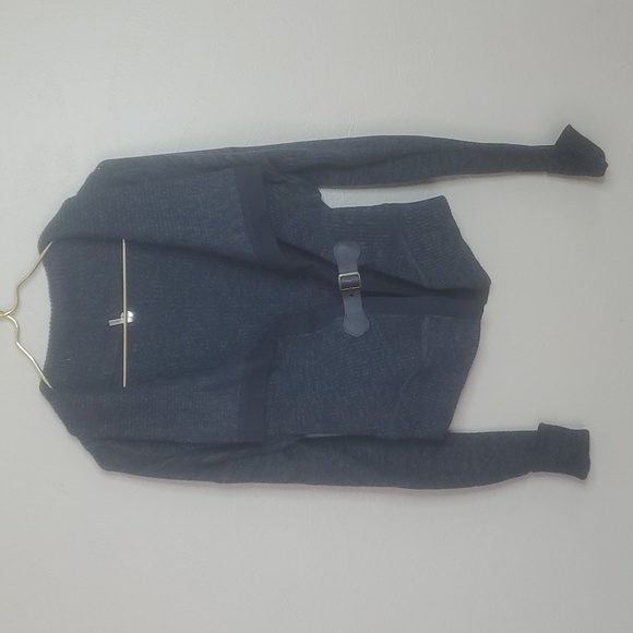Margaret O'Leary Blue Ribber Cotton Cardigan Sweater With Leather Strap Small